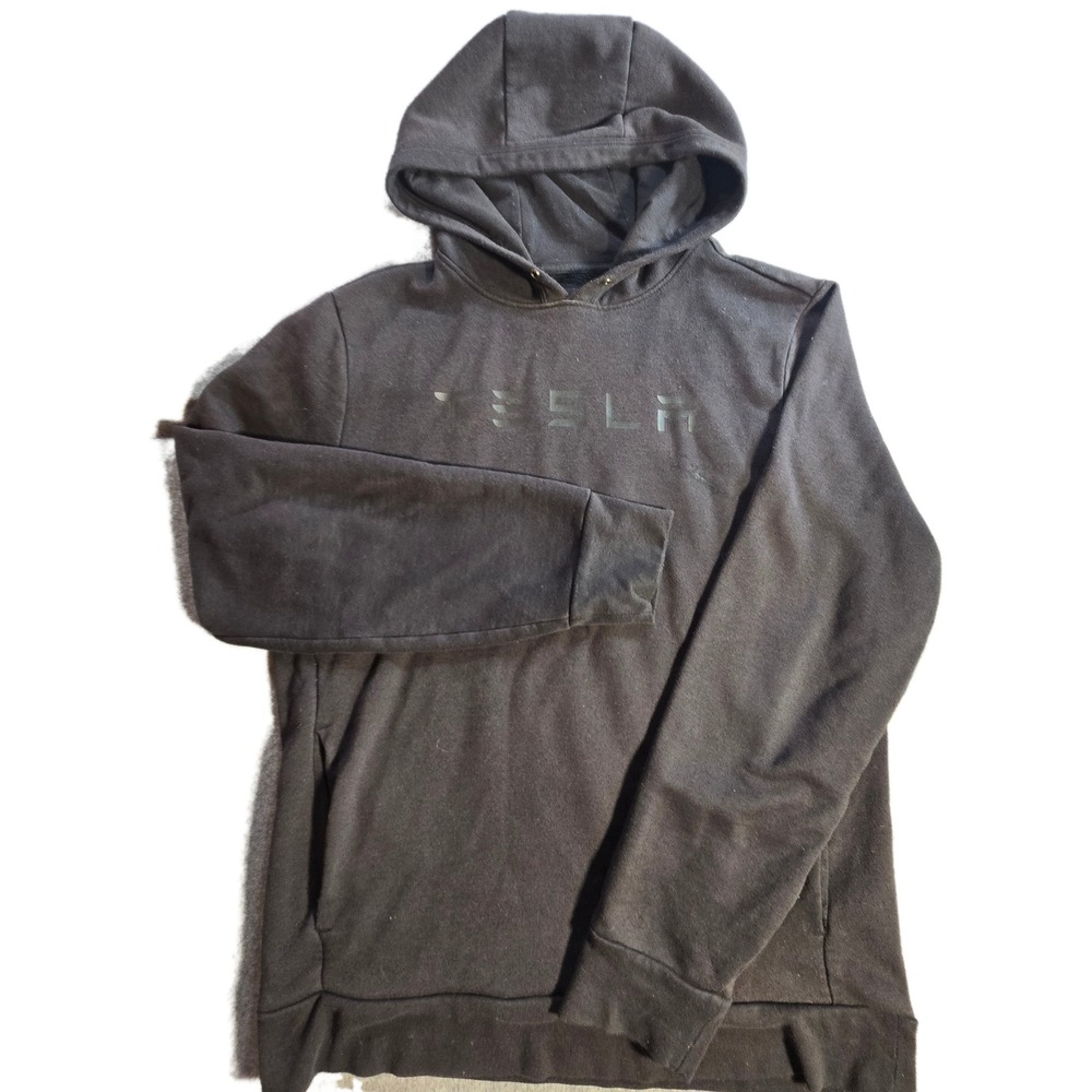 Tesla Motors Pullover Hoodie Black Medium Tonal Logo Fleece Sweatshirt *flaw